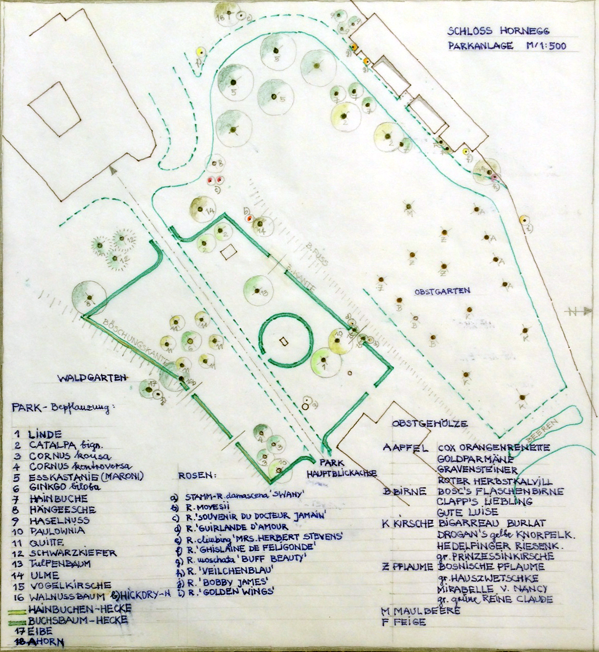 Handgezeichneter Plan Parkanlage Schloss Hornegg